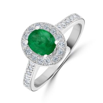 18ct white gold oval emerald and diamond halo cluster with diamond shoulders. Emerald=0.75ct. Diamond=0.26ct.