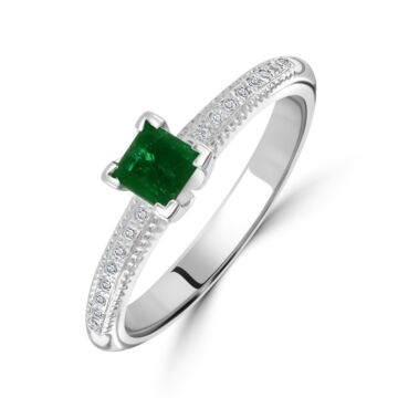 Platinum princess cut emerald single stone ring with diamond set shoulders. Emerald=0.37ct. Diamond=0.10ct.