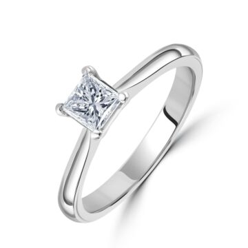 Platinum princess cut claw set diamond ring with polished shoulders. Diamond =0.51ct E colour VS2 clarity. GIA certificated.