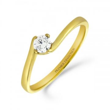 Round brilliant cut single stone diamond engagement ring with a four claw setting on a distinctive twist 0.20 carat F/G Colour & SI Clarity