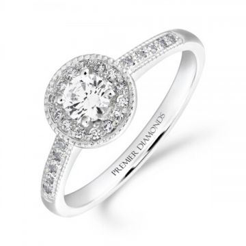 Delicate round brilliant cut halo diamond cluster ring with diamond detailed shoulders 0.40 carat F/G Colour & SI Clarity