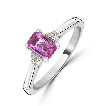 18ct white and rose gold pink tourmaline and diamond 3 stone ring. Octagonal Pink Tourmaline=0.60ct. Diamond=0.06ct.