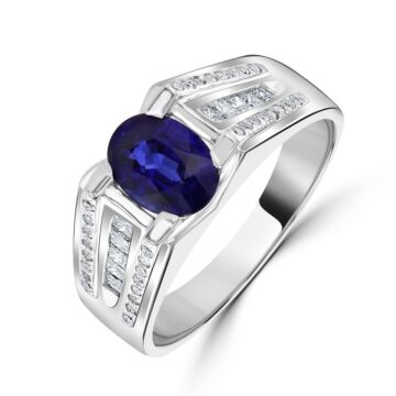 18ct white gold oval sapphire and diamond single stone ring with 3 row shoulder diamonds, princess cut and round. Sapphire=1.20ct. Diamond=0.34ct.
