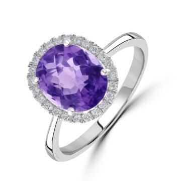 18ct white gold oval amethyst and diamond halo cluster ring. Amethyst=2.57ct. Diamond=0.12ct.